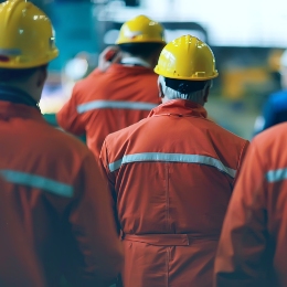 Group of workers in factory uniforms and helmets